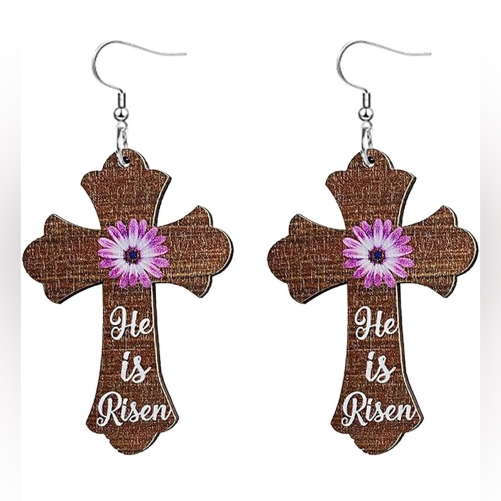 Brown Wooden Cross Earrings with Purple Flower
